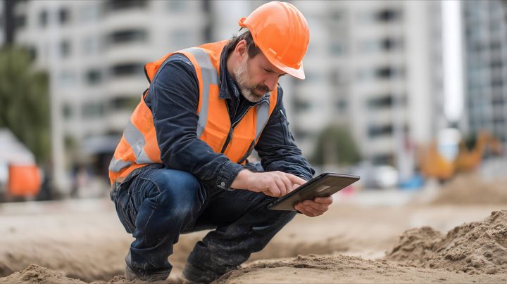 Artisan consultant Batyo sur sa tablette au milieu du chantier