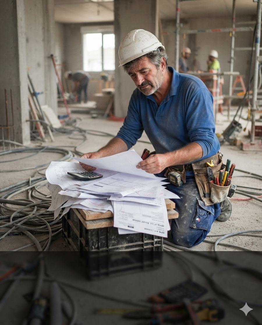 Artisan agenouillé sur le chantier, calculatrice et papiers en main