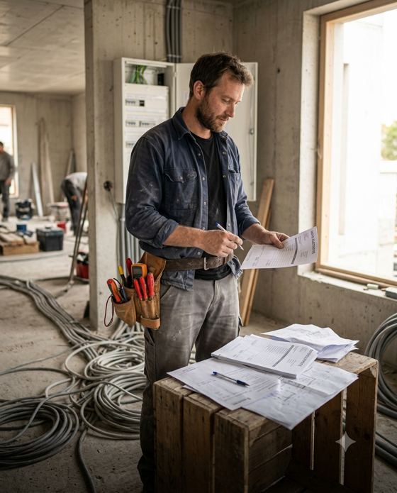 Électricien vérifiant un devis posé sur une caisse en bois