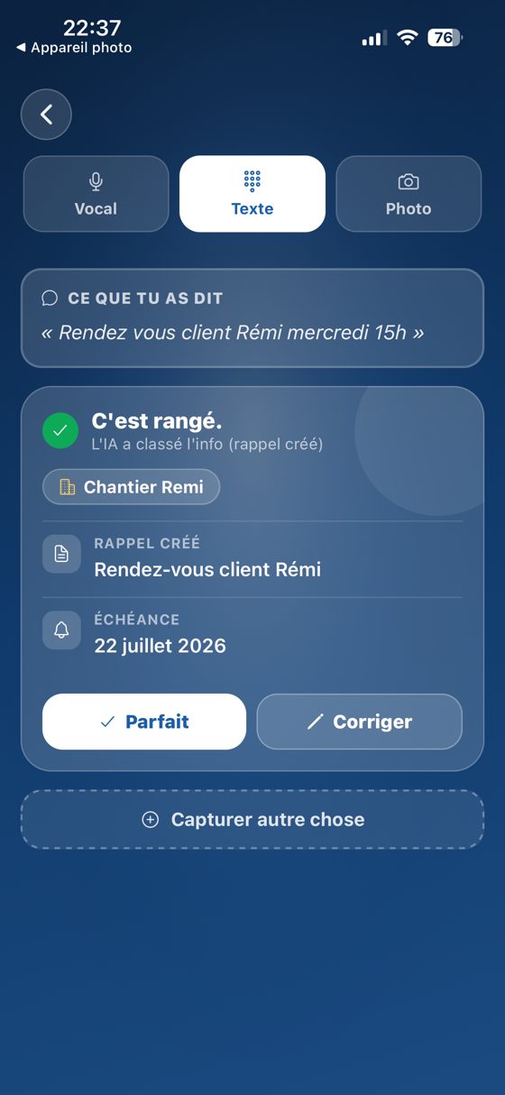 Écran Capture : l'IA a rangé le devis et créé le rappel